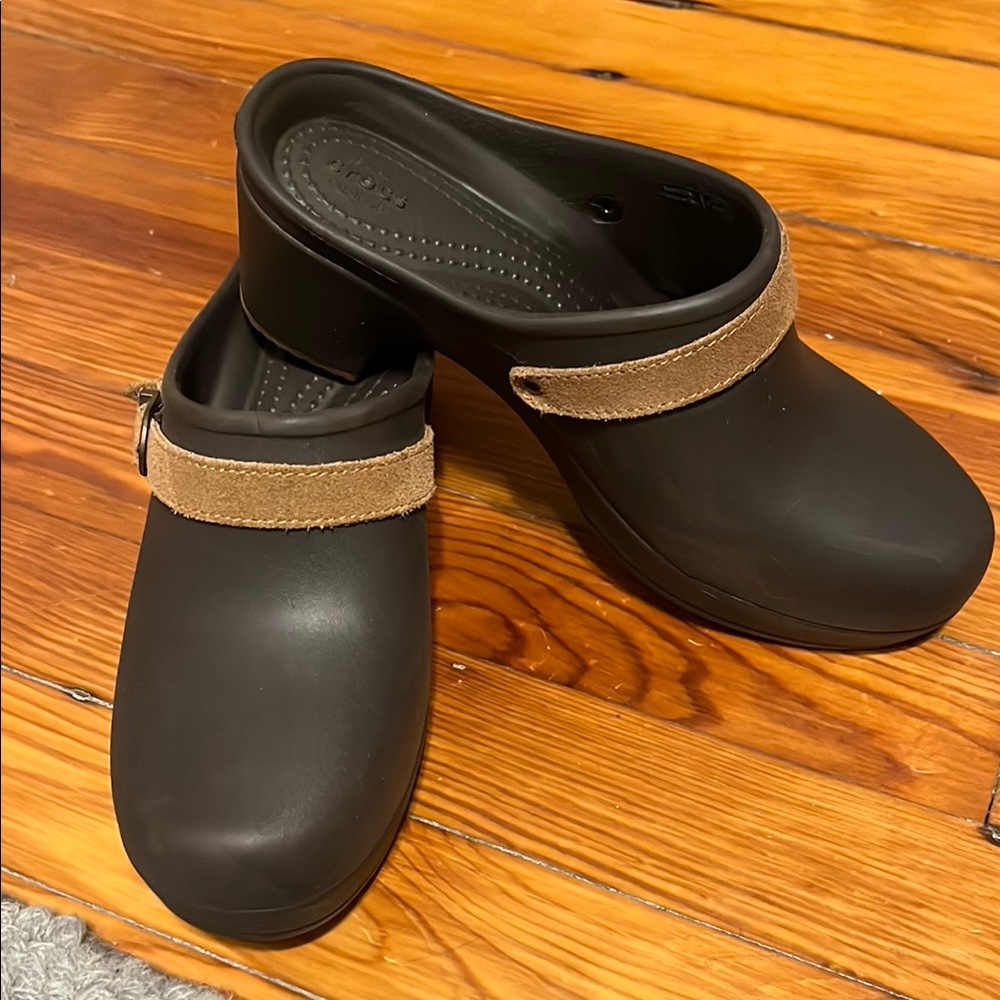 CROCS Black Clog Mules with Tan Suede Strap